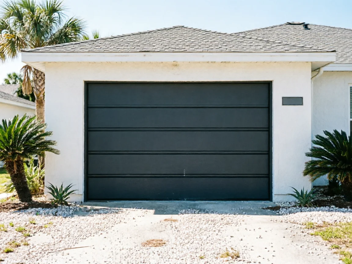 A dark gray garage door is on a white house with palm trees.