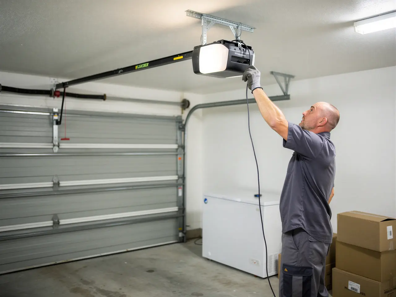 A technician adjusts a garage door opener above a closed gray garage door.