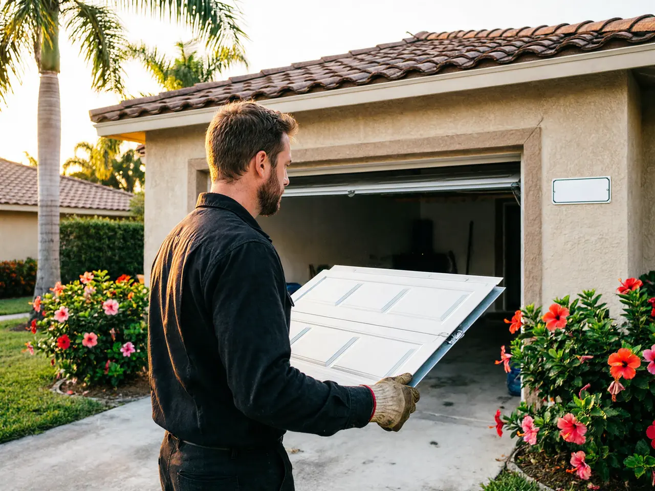 A technician carries a white garage door panel toward an open garage.